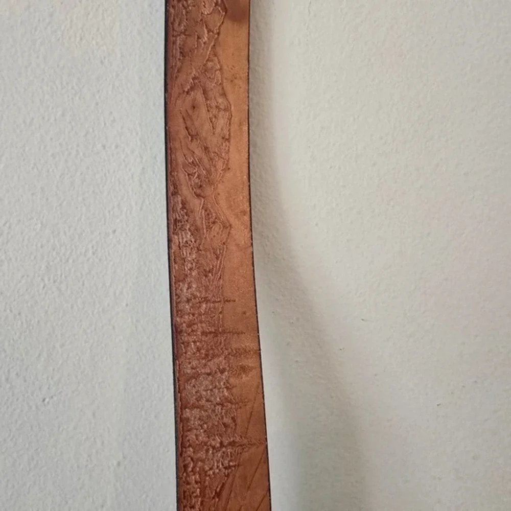 Vintage Tooled Leather Nature‎ Scene Belt Tan Tree Sun Embossed Brass Buckle